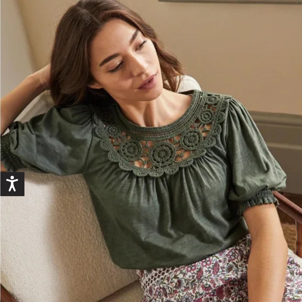 Boden Green Crochet blouse, Boho, Spring style, floral